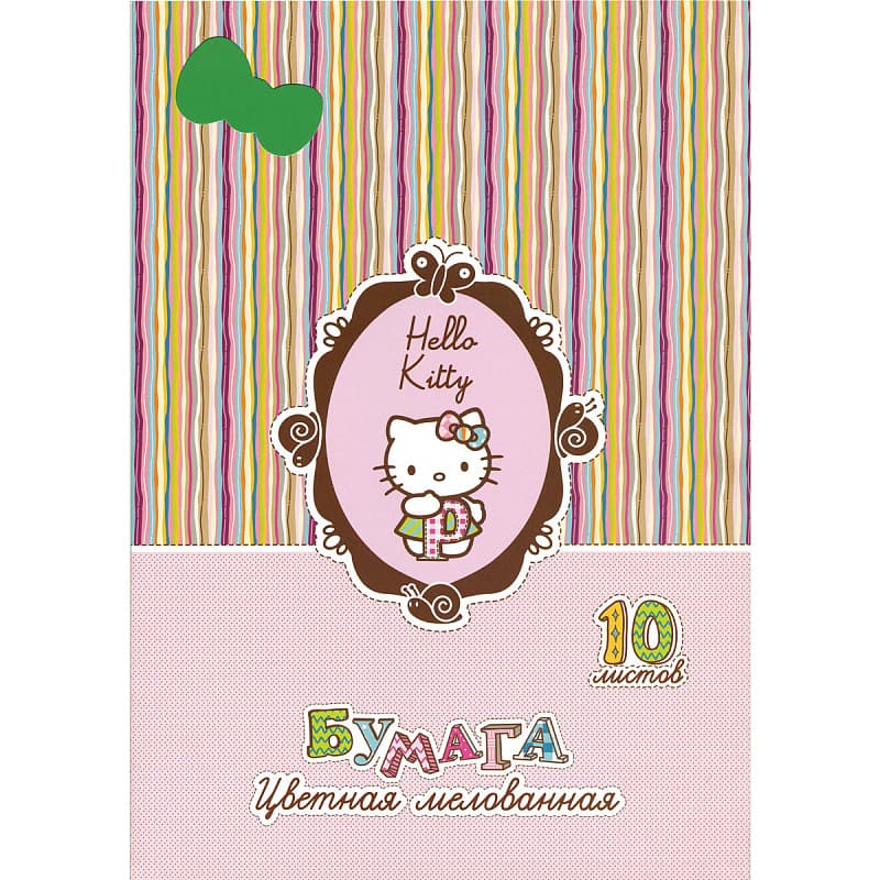 Цветная бумага, А4, 10 цв., 10 лист., ACTION! HELLO KITTY, папка картон., ф. А4, 10 л., 10 цв.,2 диз