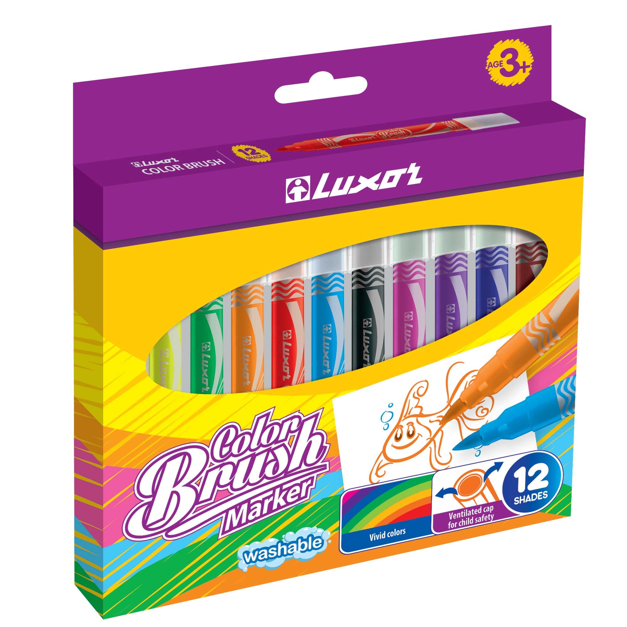 Фломастеры, 12 цветов, Детские кисточные, смываемые чернила карт.упак,«Color Brush Marker», LUXOR