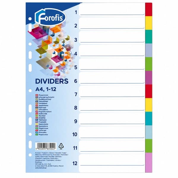 Разделители пластиковые А4, 1-12, цветные, Forofis