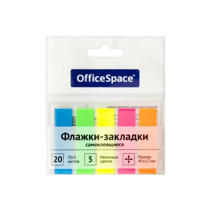 Постики флажки 45х12мм пластиковые 4цв по 20 листов ассорти неон OfficeSpace