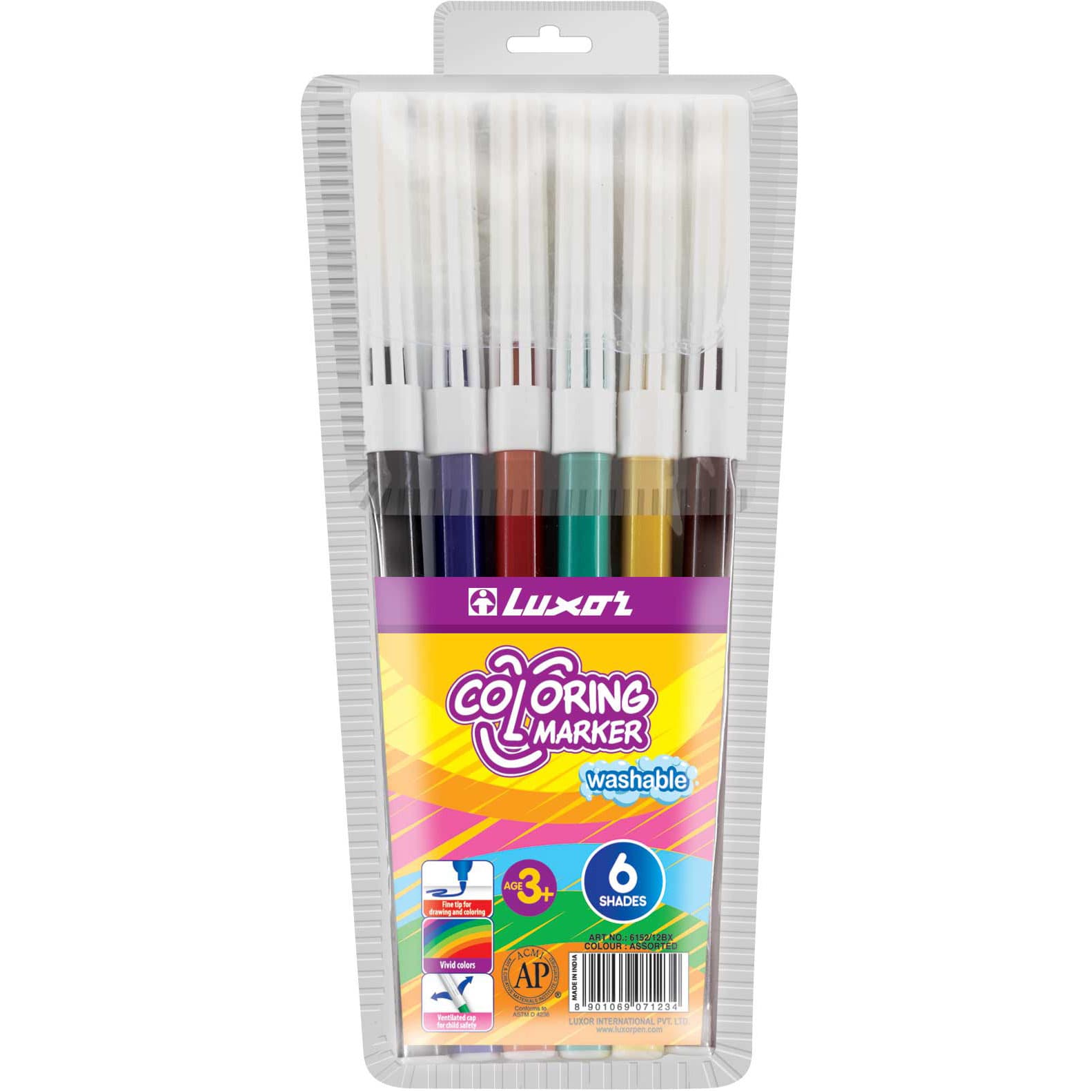 Фломастеры, 6 цветов, смываемые чернила карт.упак,«Coloring», LUXOR