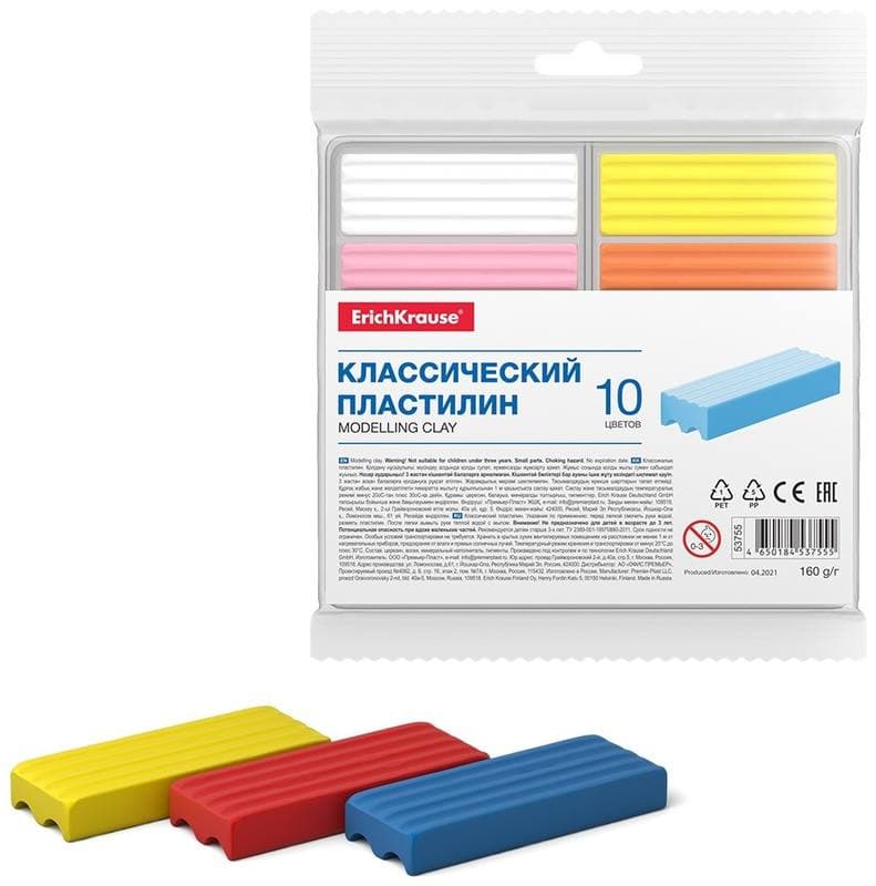Пластилин, 10 цв., 160 г., со стеком, Basic light pack(с подвесом), ERICH KRAUSE