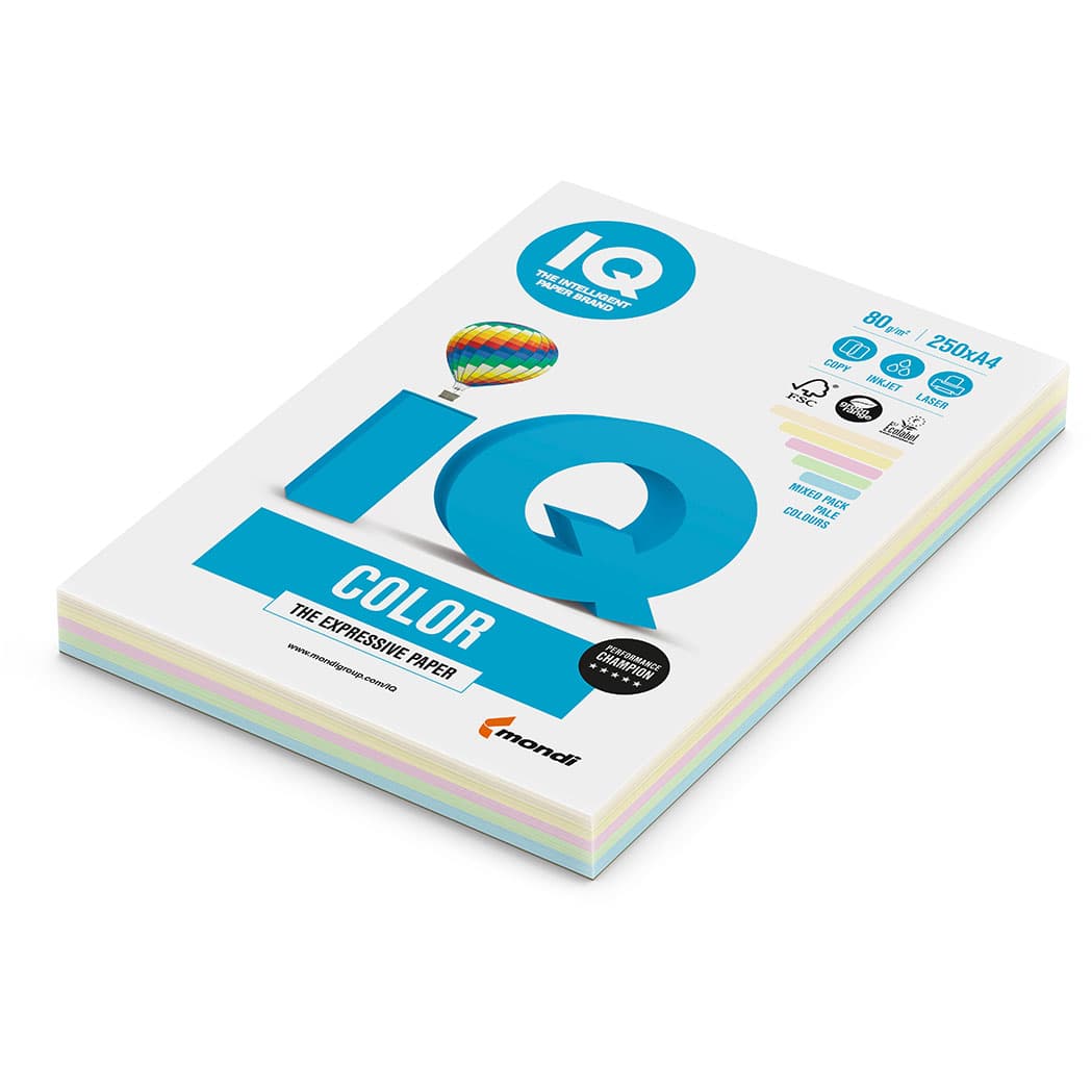 Бумага IQ Color  Mixed-Packs Pale, формат А4, пл-ть 80грм2,250листпач. 406305