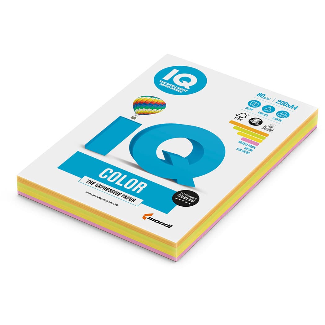 Бумага IQ Color  Mixed-Packs Neon, формат А4, пл-ть 80грм2,200листпач.407470