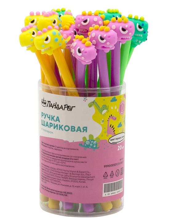 Ручка шариковая, синия, 0,8мм,ПандаРог Динозаврик, синяя, масляная, с топером, корпус ассорти, Китай