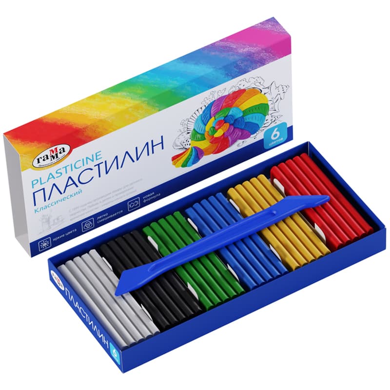 Пластилин, 6 цв.,120 г., со стеком, в карт. упак, Классический, Гамма