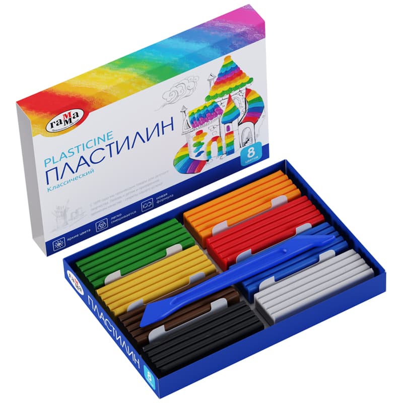 Пластилин, 8 цв.,160 г., со стеком, в карт. упак, Классический, Гамма