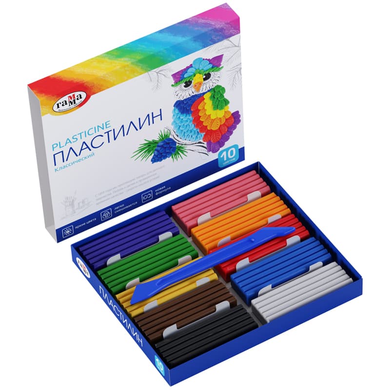 Пластилин, 10 цв.,200 г., со стеком, в карт. упак, Классический, Гамма