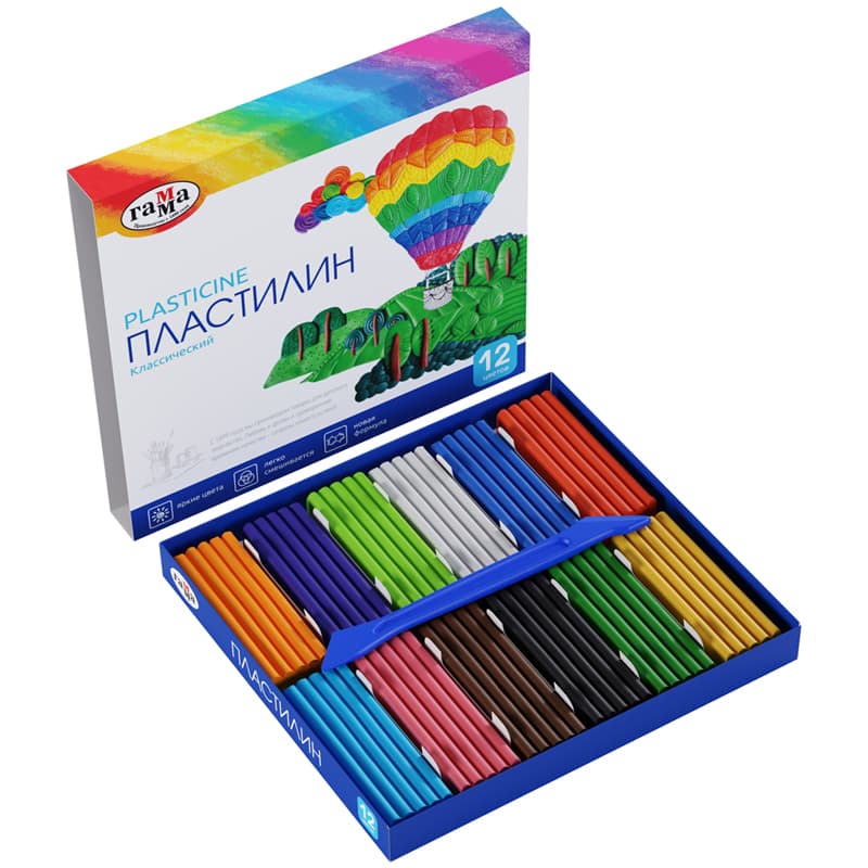 Пластилин, 12 цв.,240 г., со стеком, в карт. упак, Классический, Гамма