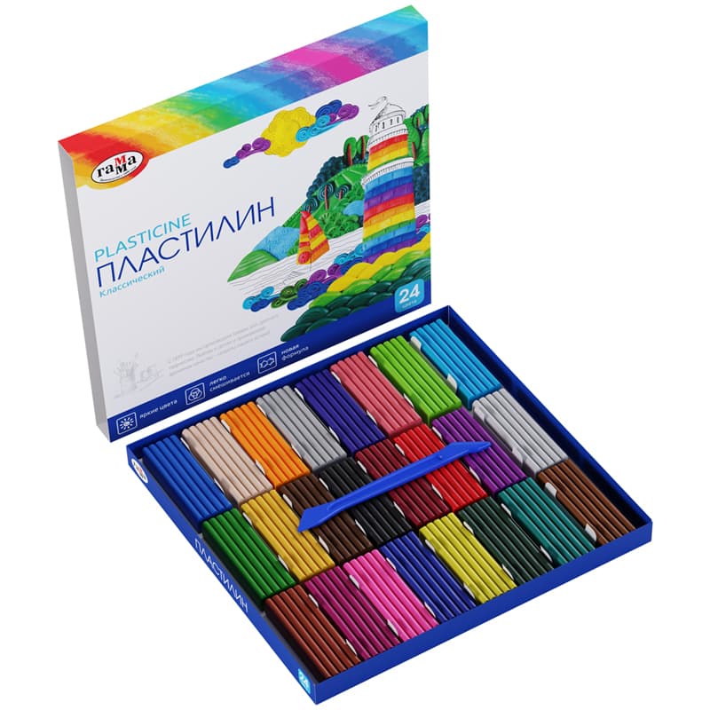 Пластилин, 24 цв.,480 г., со стеком, в карт. упак, Классический, Гамма