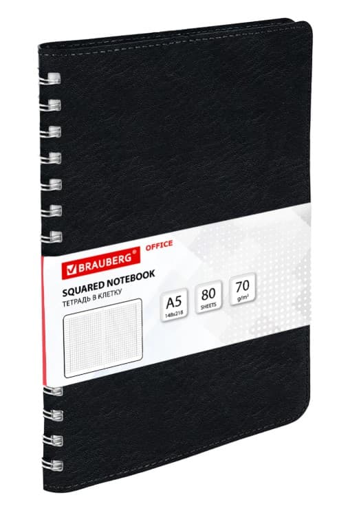 Бизнес-тетрадь на гребне А5 148x218 мм, BRAUBERG "Office PRO", под кожу, клетка, 80 л., чёрная, 1110