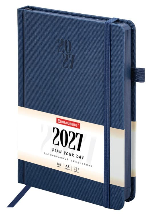 Ежедневник датированный 2027, А5, 138х213 мм, BRAUBERG "Plain", под кожу, резинка, держатель для руч