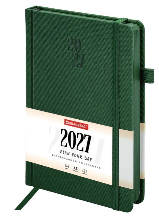 Ежедневник датированный 2027, А5, 138х213 мм, BRAUBERG "Plain", под кожу, резинка, держатель для руч
