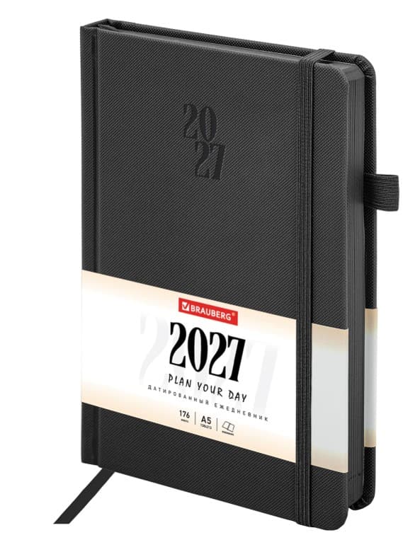 Ежедневник датированный 2027, А5, 138х213 мм, BRAUBERG "Plain", под кожу, резинка, держатель для руч