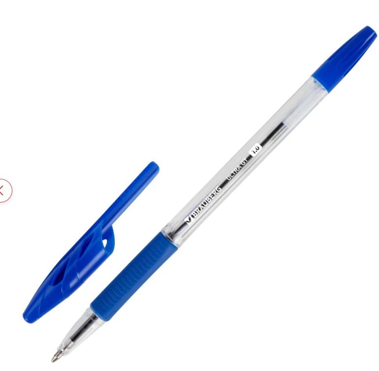 Ручка шариковая с грипом BRAUBERG "ULTRA GT", СИНЯЯ, корпус прозрачный, линия 0,5 мм, 144051