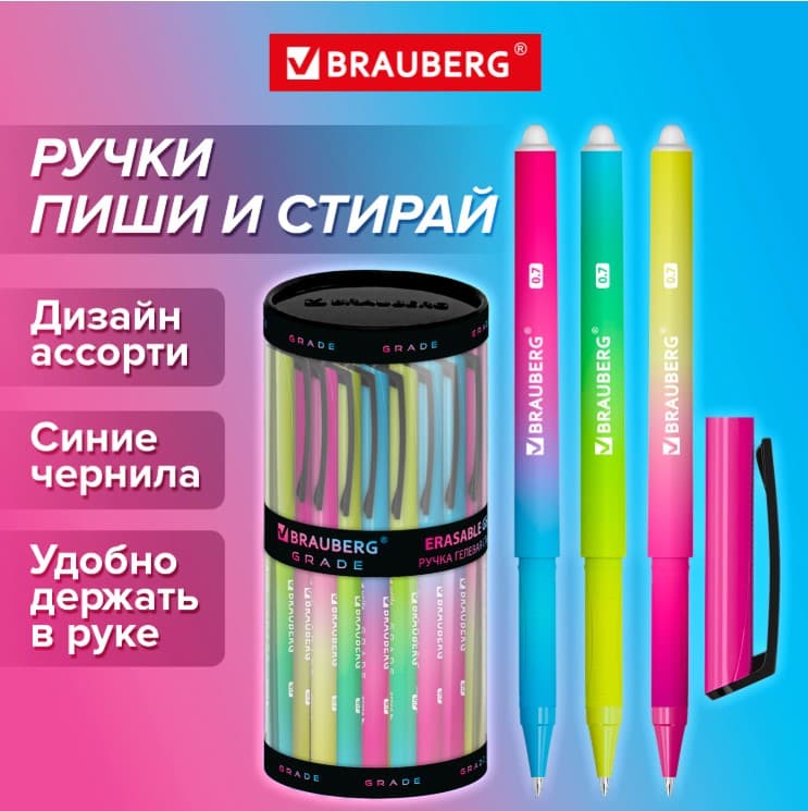 Ручка стираемая гелевая BRAUBERG "Grade", СИНЯЯ, soft-touch, узел 0,7 мм, линия письма 0,5 мм, 14420