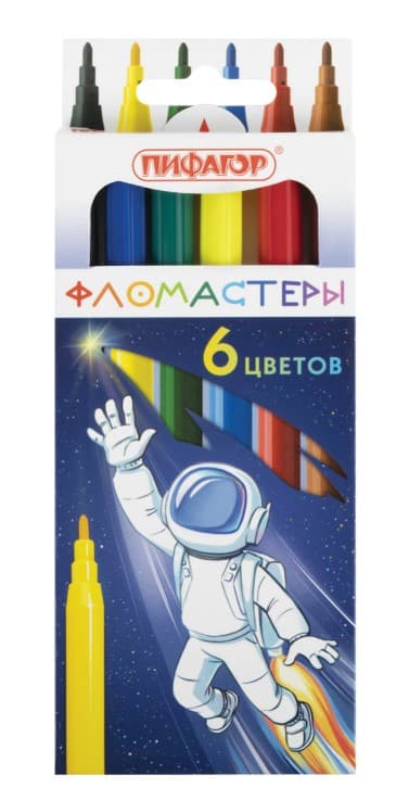 Фломастеры ПИФАГОР "Космическая одиссея", 6 цветов, вентилируемый колпачок, 152443