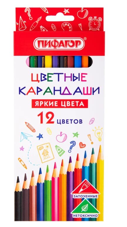 Карандаши цветные ПИФАГОР ЭКО "КЛАССИК", 12 цветов, шестигранные, 182048