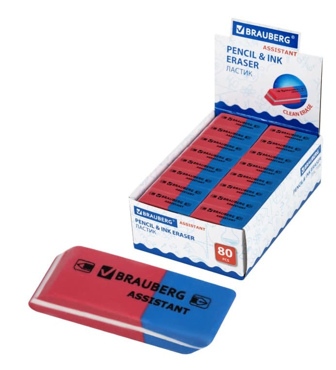 Ластик BRAUBERG "Assistant 80", 41х14х8 мм, красно-синий, прямоугольный, скошенные края, 221034