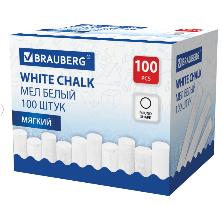 Мел белый круглый мягкий, 100 штук, BRAUBERG, картонная упаковка, 272768