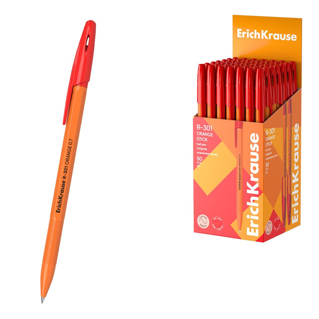 Ручка шариковая, 0.7мм, красная, жёлтый корпус., R-301 ORANGE Stick. ERICH KRAUSE