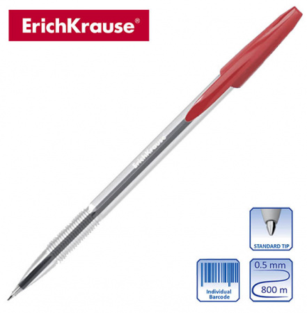 Ручка шариковая, 1,0мм, красная, прозр. корпус., R-301 CLASSIC Stick. ERICH KRAUSE