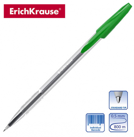 Ручка шариковая, 1,0мм, зелёная, прозр. корпус., R-301 CLASSIC Stick. ERICH KRAUSE
